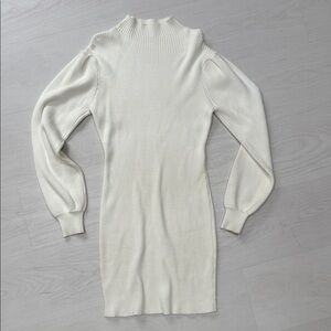 Cream Ribbed Knit Sweater Dress